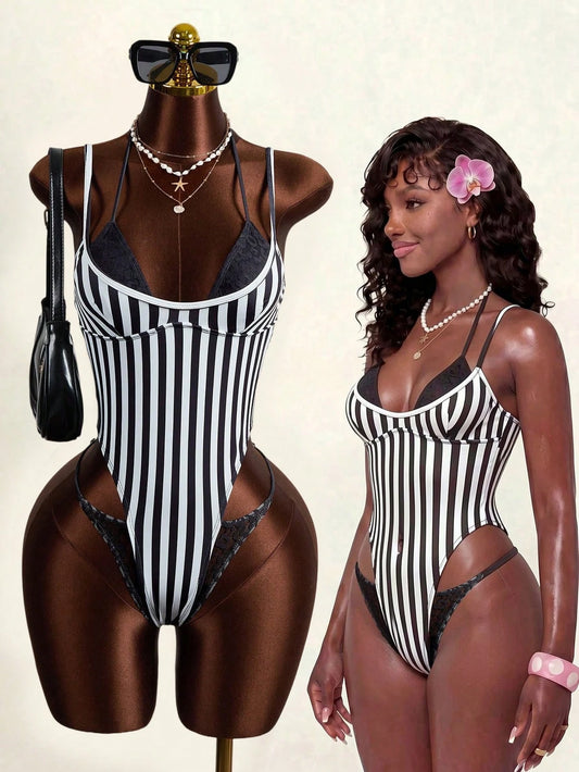 Zestiva Women's One-Piece Swimsuit, Black & White Striped Print, Lace Trim, Asymmetrical Cutout, Patchwork Design, Beach Vacation, Back To School Party Swimwear