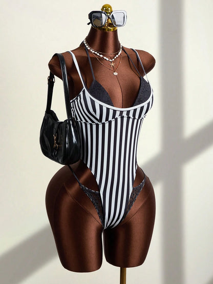 Zestiva Women's One-Piece Swimsuit, Black & White Striped Print, Lace Trim, Asymmetrical Cutout, Patchwork Design, Beach Vacation, Back To School Party Swimwear