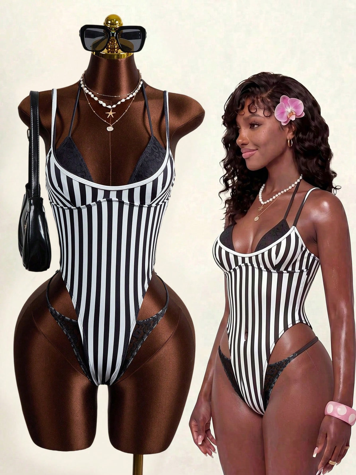 Zestiva Women's One-Piece Swimsuit, Black & White Striped Print, Lace Trim, Asymmetrical Cutout, Patchwork Design, Beach Vacation, Back To School Party Swimwear