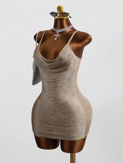Zestiva Women Summer Elegant Khaki Spaghetti Strap Dress,Casual Sommer Rave Outfit,N One Vacation Beach,Music Festival Party Club Gathering,Holiday Dress