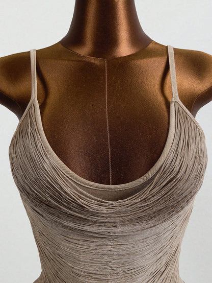Zestiva Women Summer Elegant Khaki Spaghetti Strap Dress,Casual Sommer Rave Outfit,N One Vacation Beach,Music Festival Party Club Gathering,Holiday Dress