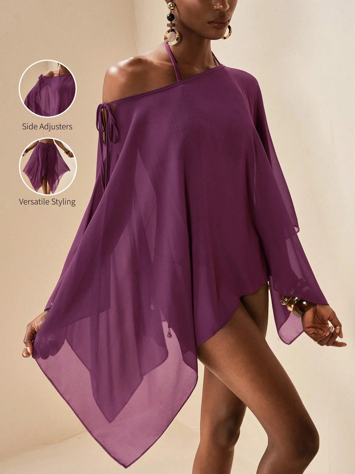 Zivah 2026 Women's Vacation Casual Beach Semi-Sheer Chiffon Brown Square Shawl Cover-Up