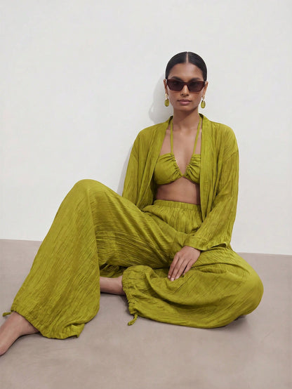 Zivah Women's Beach Vacation Casual 3-Piece Cover-Up Set, Featuring Lace-Up Bustier + Long Cover Up + Wide-Leg Pants Cover-Up, Suitable For Various Occasions Including Music Festivals, St. Patrick's D