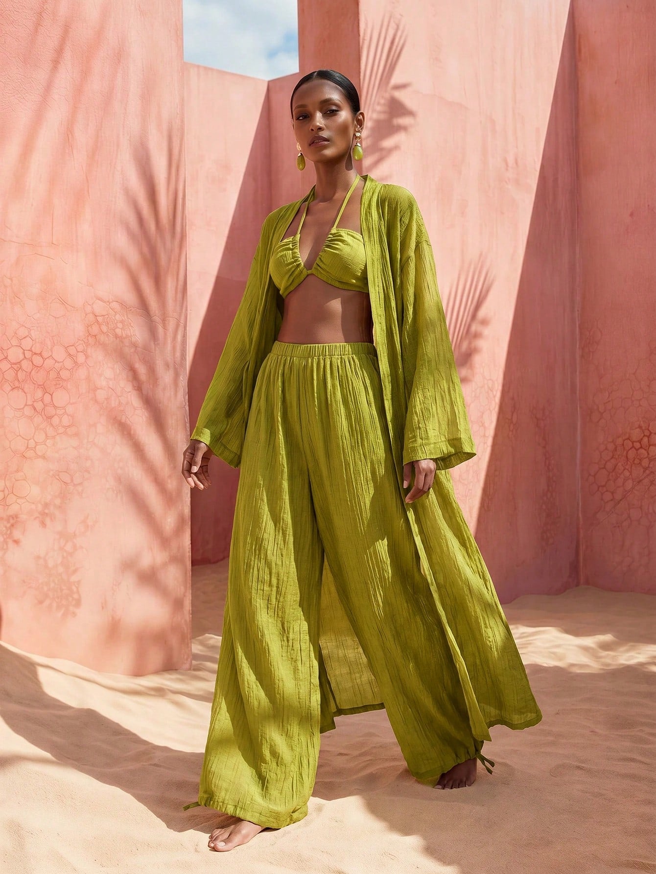 Zivah Women's Beach Vacation Casual 3-Piece Cover-Up Set, Featuring Lace-Up Bustier + Long Cover Up + Wide-Leg Pants Cover-Up, Suitable For Various Occasions Including Music Festivals, St. Patrick's D