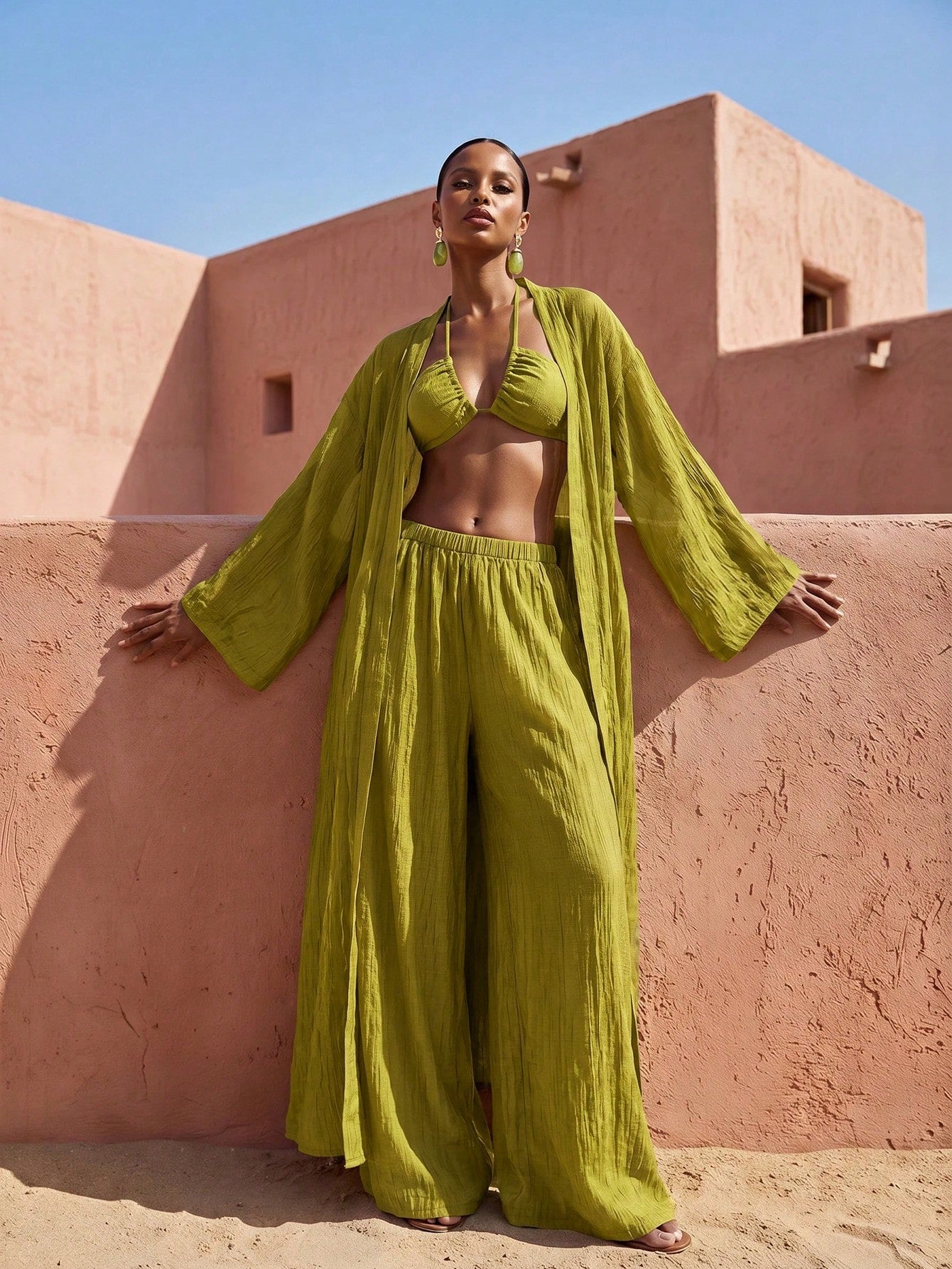 Zivah Women's Beach Vacation Casual 3-Piece Cover-Up Set, Featuring Lace-Up Bustier + Long Cover Up + Wide-Leg Pants Cover-Up, Suitable For Various Occasions Including Music Festivals, St. Patrick's D
