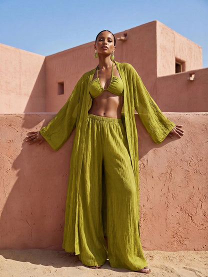 Zivah Women's Beach Vacation Casual 3-Piece Cover-Up Set, Featuring Lace-Up Bustier + Long Cover Up + Wide-Leg Pants Cover-Up, Suitable For Various Occasions Including Music Festivals, St. Patrick's D