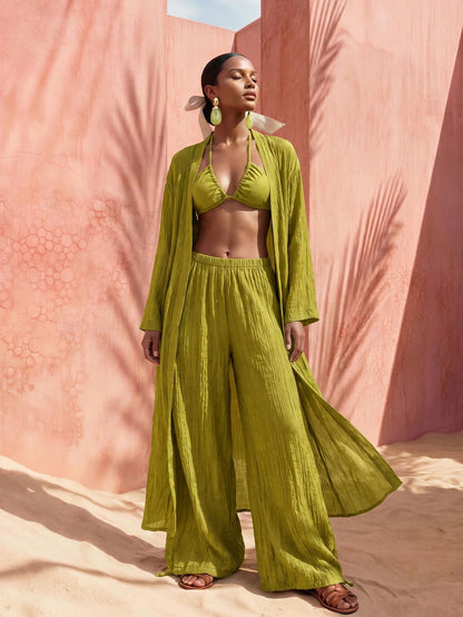 Zivah Women's Beach Vacation Casual 3-Piece Cover-Up Set, Featuring Lace-Up Bustier + Long Cover Up + Wide-Leg Pants Cover-Up, Suitable For Various Occasions Including Music Festivals, St. Patrick's D
