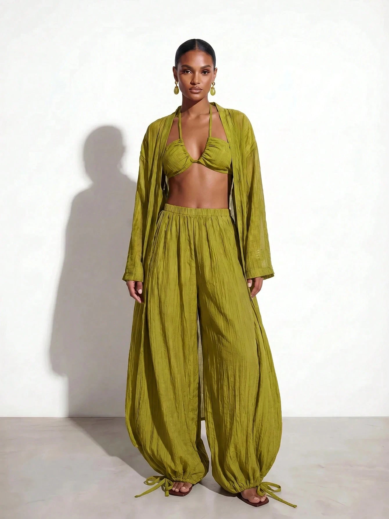 Zivah Women's Beach Vacation Casual 3-Piece Cover-Up Set, Featuring Lace-Up Bustier + Long Cover Up + Wide-Leg Pants Cover-Up, Suitable For Various Occasions Including Music Festivals, St. Patrick's D