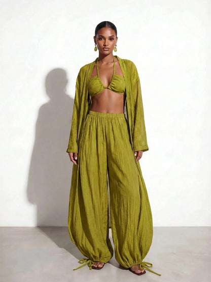 Zivah Women's Beach Vacation Casual 3-Piece Cover-Up Set, Featuring Lace-Up Bustier + Long Cover Up + Wide-Leg Pants Cover-Up, Suitable For Various Occasions Including Music Festivals, St. Patrick's D