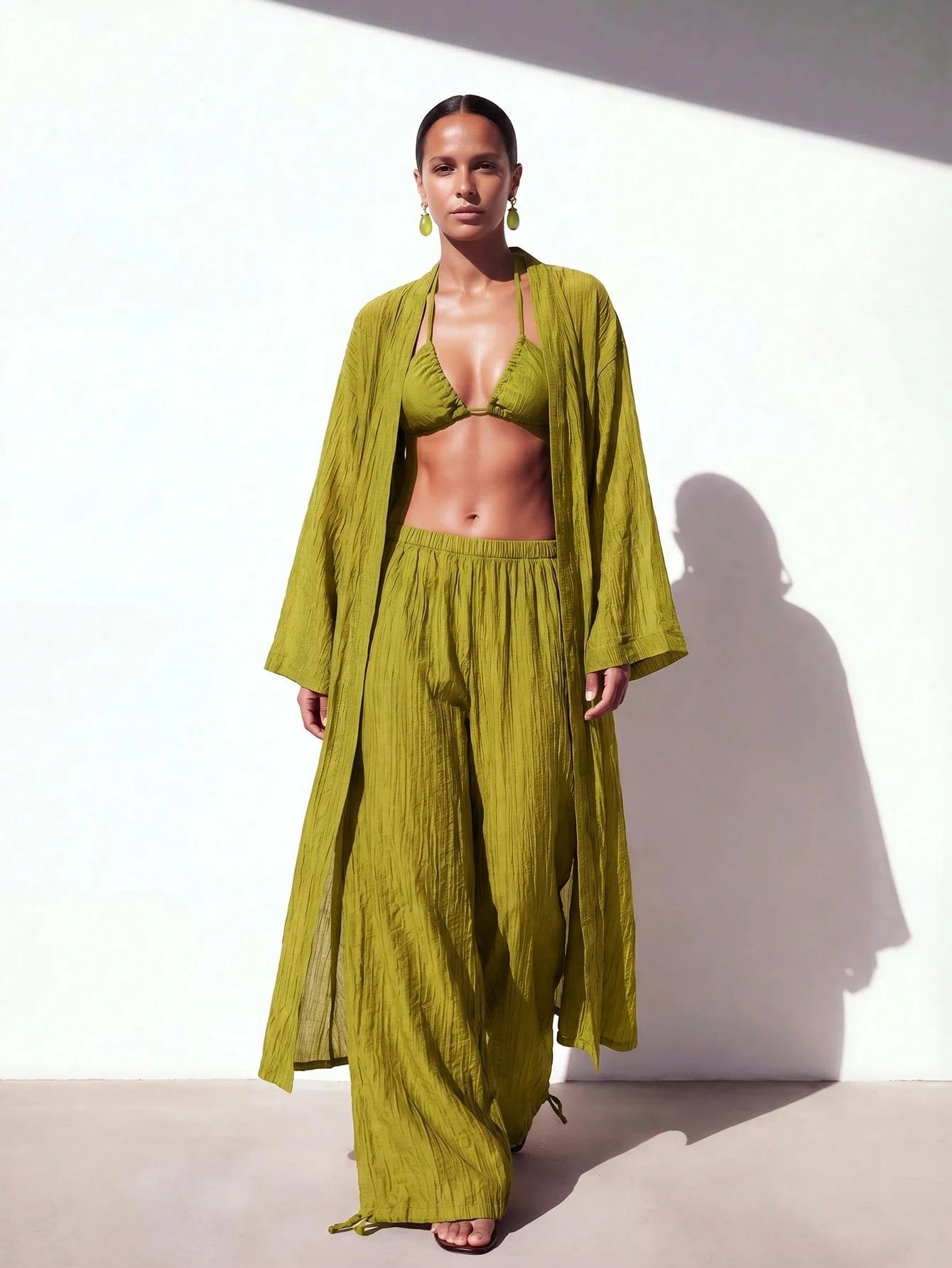 Zivah Women's Beach Vacation Casual 3-Piece Cover-Up Set, Featuring Lace-Up Bustier + Long Cover Up + Wide-Leg Pants Cover-Up, Suitable For Various Occasions Including Music Festivals, St. Patrick's D